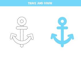 Trace and color cartoon anchor. Worksheet for kids. vector