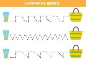 Tracing lines with cartoon sun cream and bag. vector