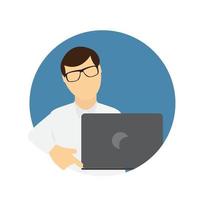 A Business Man wth Laptop Computer in Trendy Flat Style. Communication Concept. Vector Illustration.