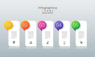 Infografías e iconos de arte en papel con 5 pasos. vector