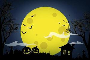 Halloween pumpkins and dark house on yellow moon background. vector