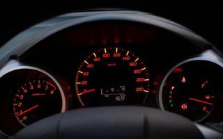 Close up of car speedometer with the needle pointing at  0 kmp photo