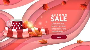 Autumn banner in paper cut style with mug of hot tea and warm scarf vector