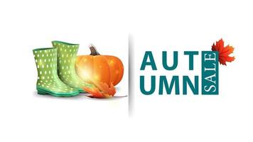 Autumn sale, discount banner  with rubber boots and pumpkin vector