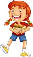 personaje de dibujos animados de niña feliz abrazando sándwich de comida vector