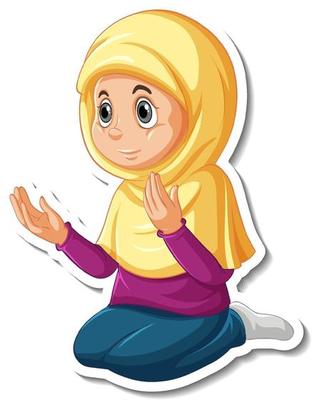 A sticker template with Muslim girl praying cartoon character