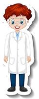 Cartoon character sticker with a boy in science gown vector