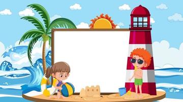 Plantilla de banner vacío con niños de vacaciones en la escena diurna de la playa vector