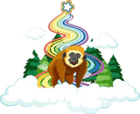 A gibbon on the cloud with rainbow on white background