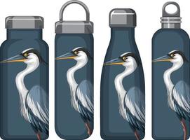 Set of different thermos bottles with blue pelican pattern vector