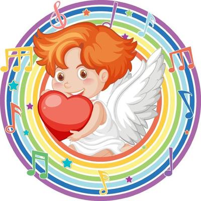 Cupid in rainbow round frame with melody symbol