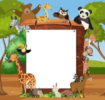 Empty wooden frame with various wild animals in the forest vector