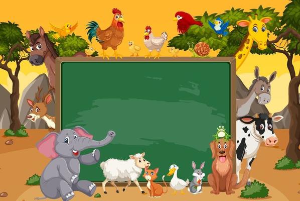 Empty blackboard with various wild animals in the forest