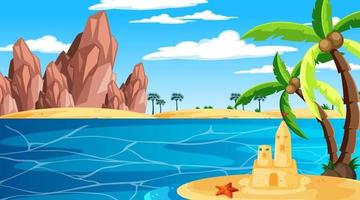 playa en la escena del paisaje diurno con castillo de arena y palmera vector