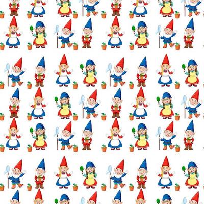 Gnome or dwarf seamless pattern with garden elements