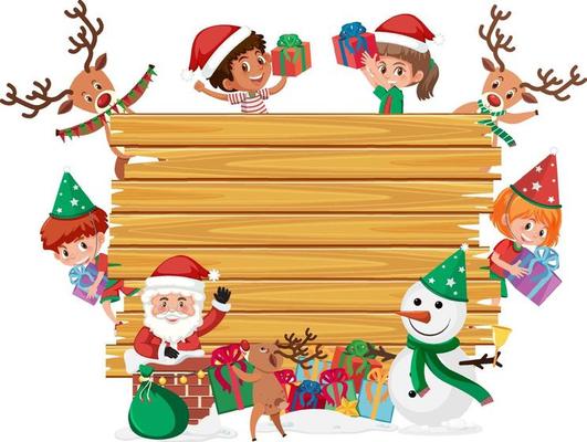 Empty wooden board with kids in Christmas theme