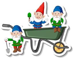 A sticker template with garden gnomes or dwarfs in wheelbarrow vector