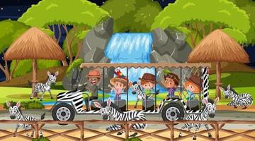 Safari at night scene with kids watching zebra group vector