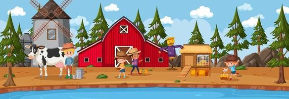 Escena de paisaje horizontal de granja con personaje de dibujos animados de niños agricultores vector