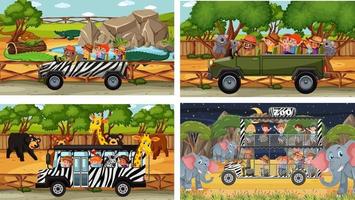 Set of different safari scenes with animals and kids cartoon character vector