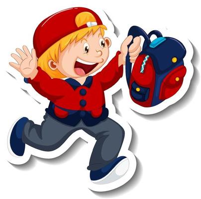 Sticker template with a boy holding backpack isolated