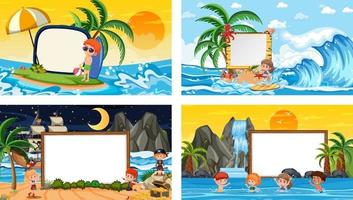 Set of different tropical beach scenes with blank banner vector