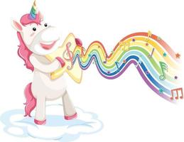 Unicorn standing on the cloud with melody symbols on rainbow wave vector