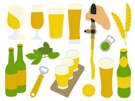 Beer set of glasses, beer bottles, openers and hops vector