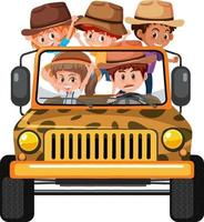 Concepto de safari con niños en el coche jeep sobre fondo blanco. vector