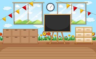 Empty kindergarten room with classroom objects and interior decoration vector