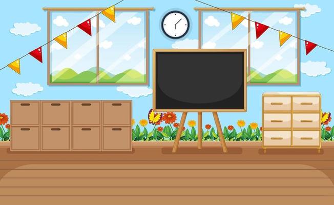 Empty kindergarten room with classroom objects and interior decoration