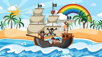 playa con barco pirata en la escena diurna en estilo de dibujos animados vector