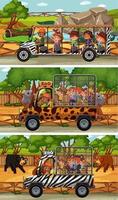 Different safari scenes with animals and kids cartoon character vector