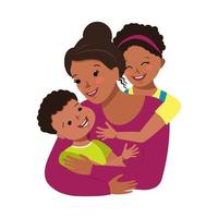 Mom hugs daughter and son. African American people vector