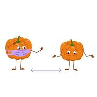 Cute pumpkin characters with face and mask keep distance vector