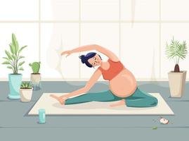 Pregnant woman goes in for sports in a room with flowers vector