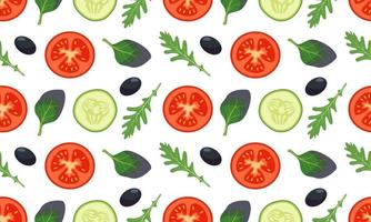 Seamless vegetables pattern with tomato, cucumber, leave vector