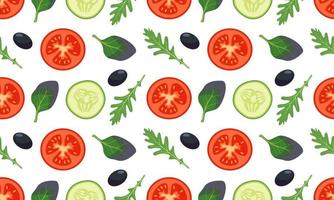 Seamless vegetables pattern with tomato, cucumber, leave vector