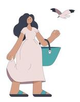 girl with beach bag and seagull. Woman on vacation vector