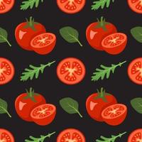 Seamless pattern with tomatoes and leaves of spinach, arugula
