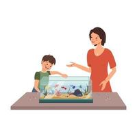 mamá y niño alimentan a los peces en el acuario. dueños de mascotas felices vector