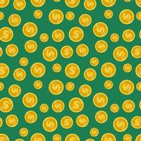 Patrón transparente brillante con monedas de oro dólares sobre un fondo verde vector