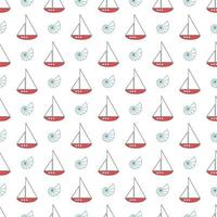 Patrón náutico de verano con barcos con velas y conchas marinas. vector