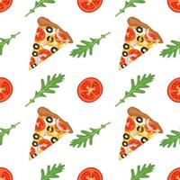 Fondo brillante con rebanadas de pizza, rúcula y tomates vector