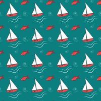 Summer sea pattern with ships, waves and fish vector