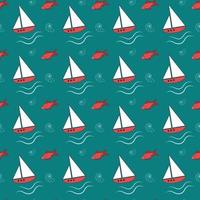 Summer sea pattern with ships, waves and fish vector