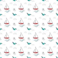 Summer marine pattern with ships, waves and seagulls vector
