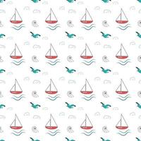 Summer marine pattern with ships, waves and seagulls vector