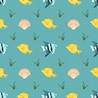 Bright seamless pattern with fish, shells and algae vector