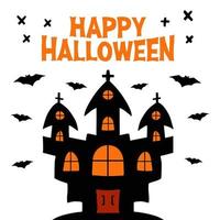 Witch castle with flying bats, Happy Halloween and doodle black cross vector